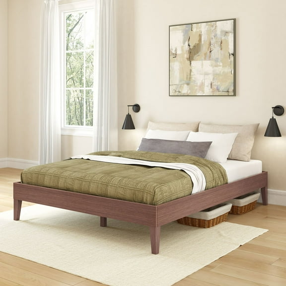 Now Furniture Queen Bed Frame, Wooden Platform Bed, Textured Dark Brown