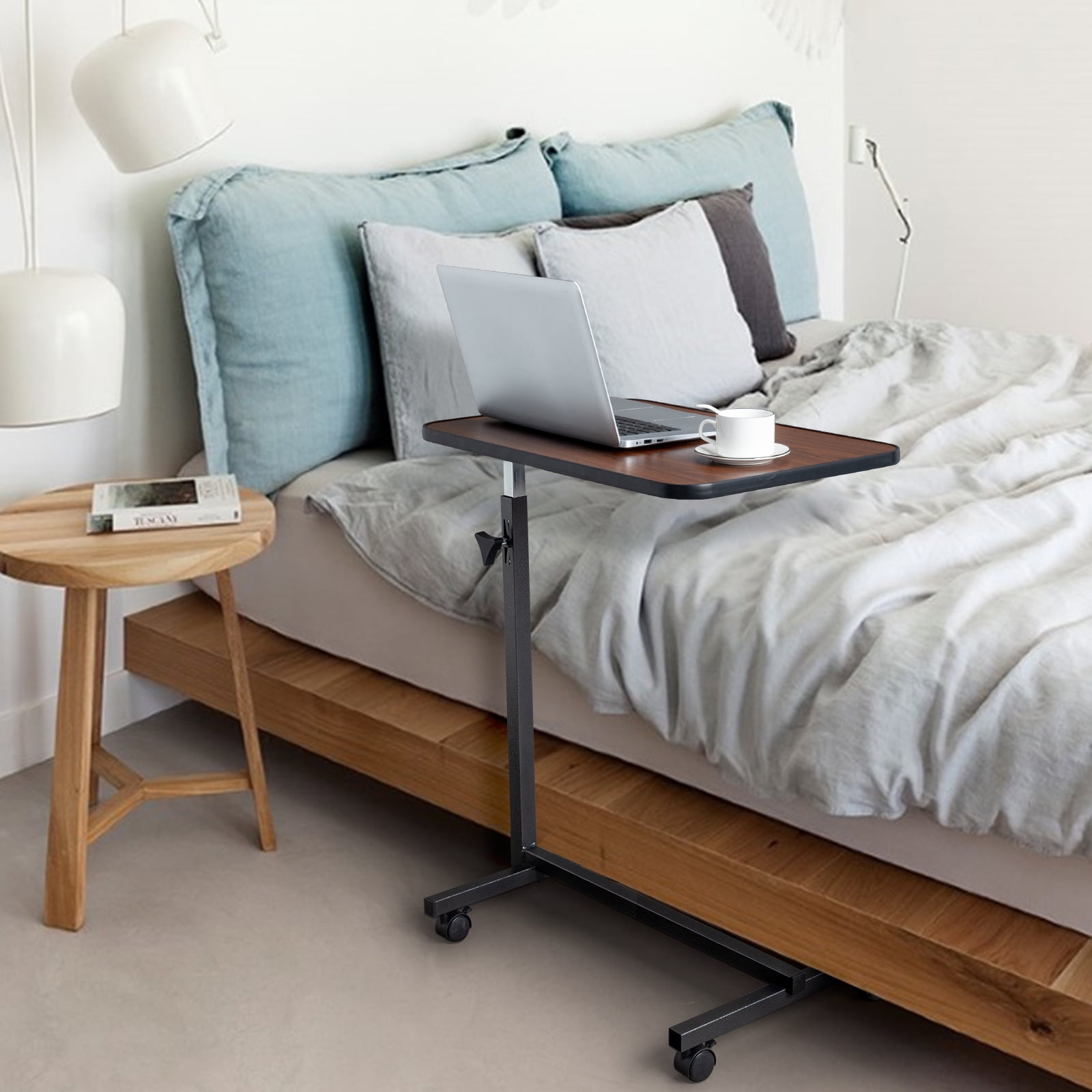 Adjustable Bedside Table MDF and Iron Movable Sofa Side Table with 4 Wheels and Brakes, 26.5 x 16.5 x 27-44 in, Dark Wood Grain