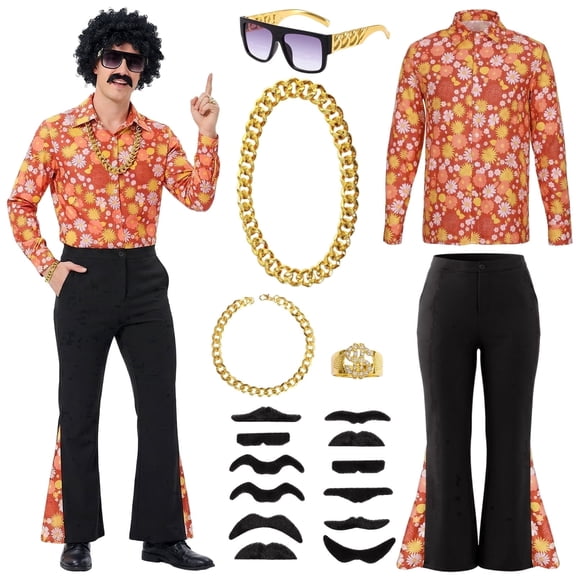 Alaiyaky 70s Disco Outfit Men Disco Costume Set Men with Shirt Flared Pants Accessories 1970s Fancy Dress for Adults Hippie Costume for Halloween Carnival Party