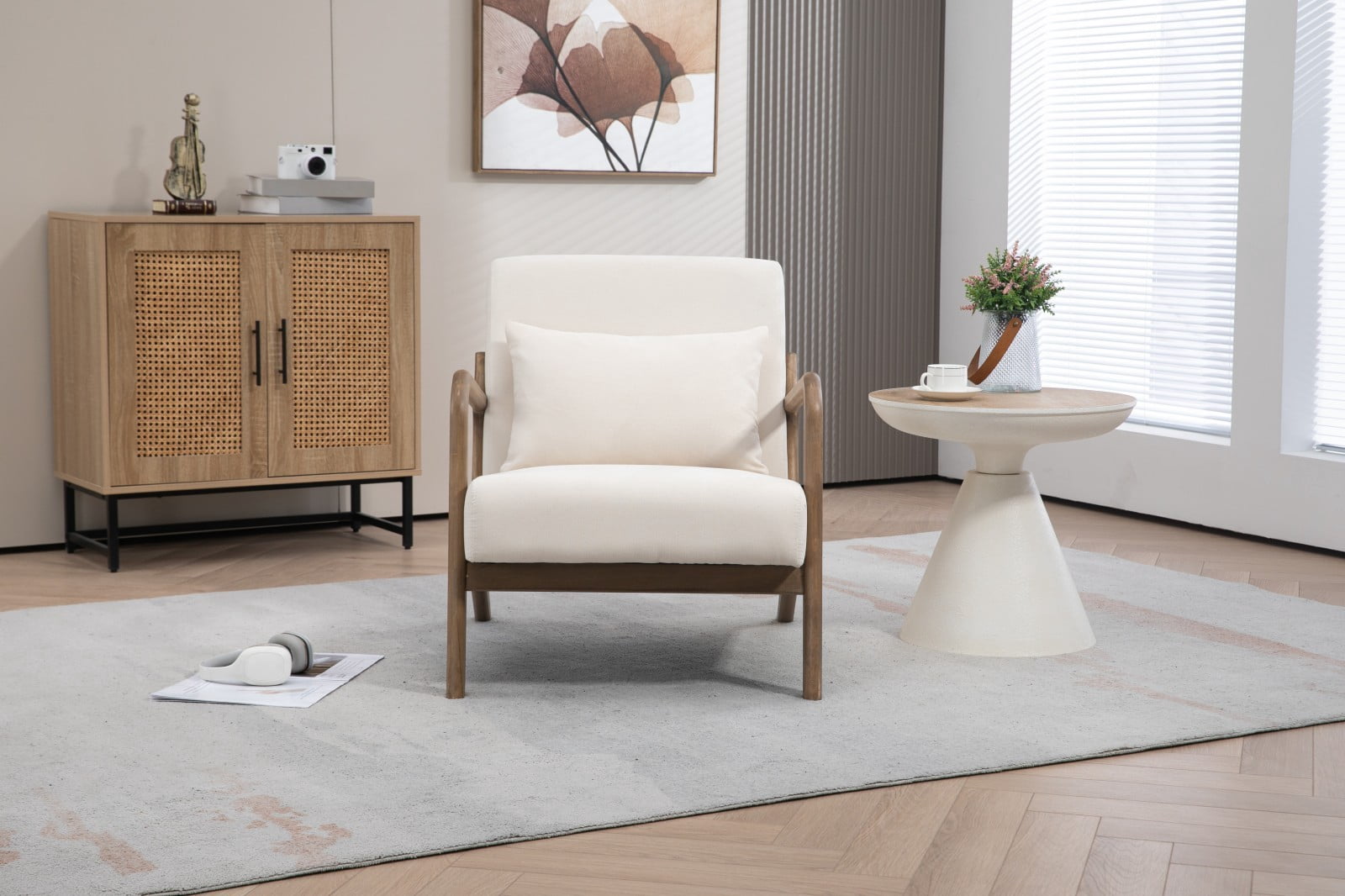 Mid Century Modern Accent Chair Upholstered Living Room Chair with Waist Cushion Wood Frame Reading Armchair for Bedroom Sunroom Indoor Lounge Chair, White