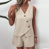 Aueoeo Women's Sleeveless Tank Top Matching Sets Button Up V Neck Vests Waistcoat and Pockets Shorts Summer 2 Piece Outfits