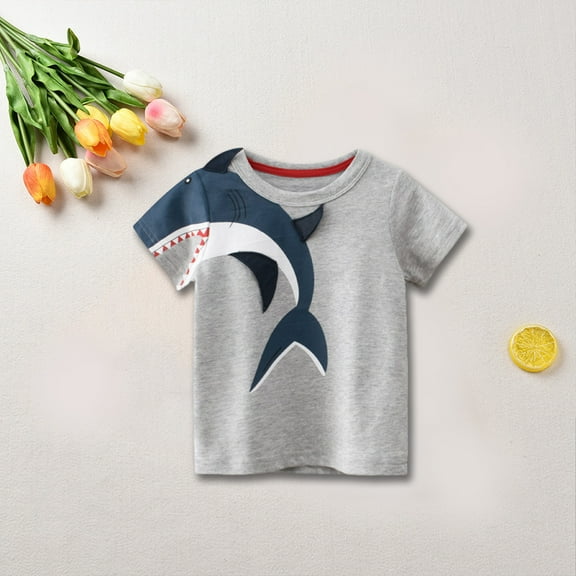 Cethrio Kids Boys Casual Shirts- Fashion Crew Neck Short Sleeve Cotton Printed Boys Summer Clothes Gray Size 2T