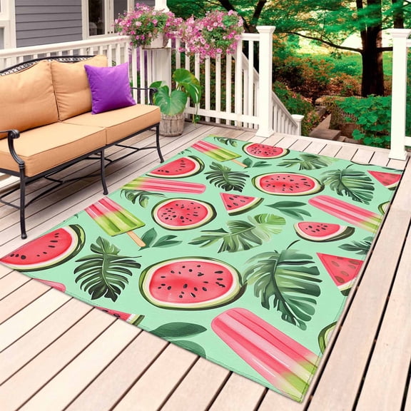 Watermelon Outdoor Rug for Patio/Deck/Porch, Non-Slip Large Area Rug 5 x 8 Ft, Green Palm Leaves Popsicle Summer Fruit Indoor Outdoor Rugs Washable Area Rugs, Reversible Camping Rug Carpet Runner
