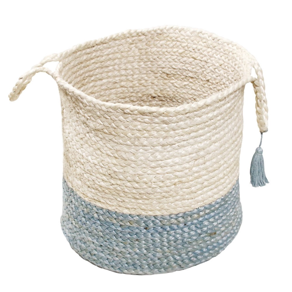 LR Home Woven Round Jute 17" Storage Basket with Handles, Blue/White Stripe