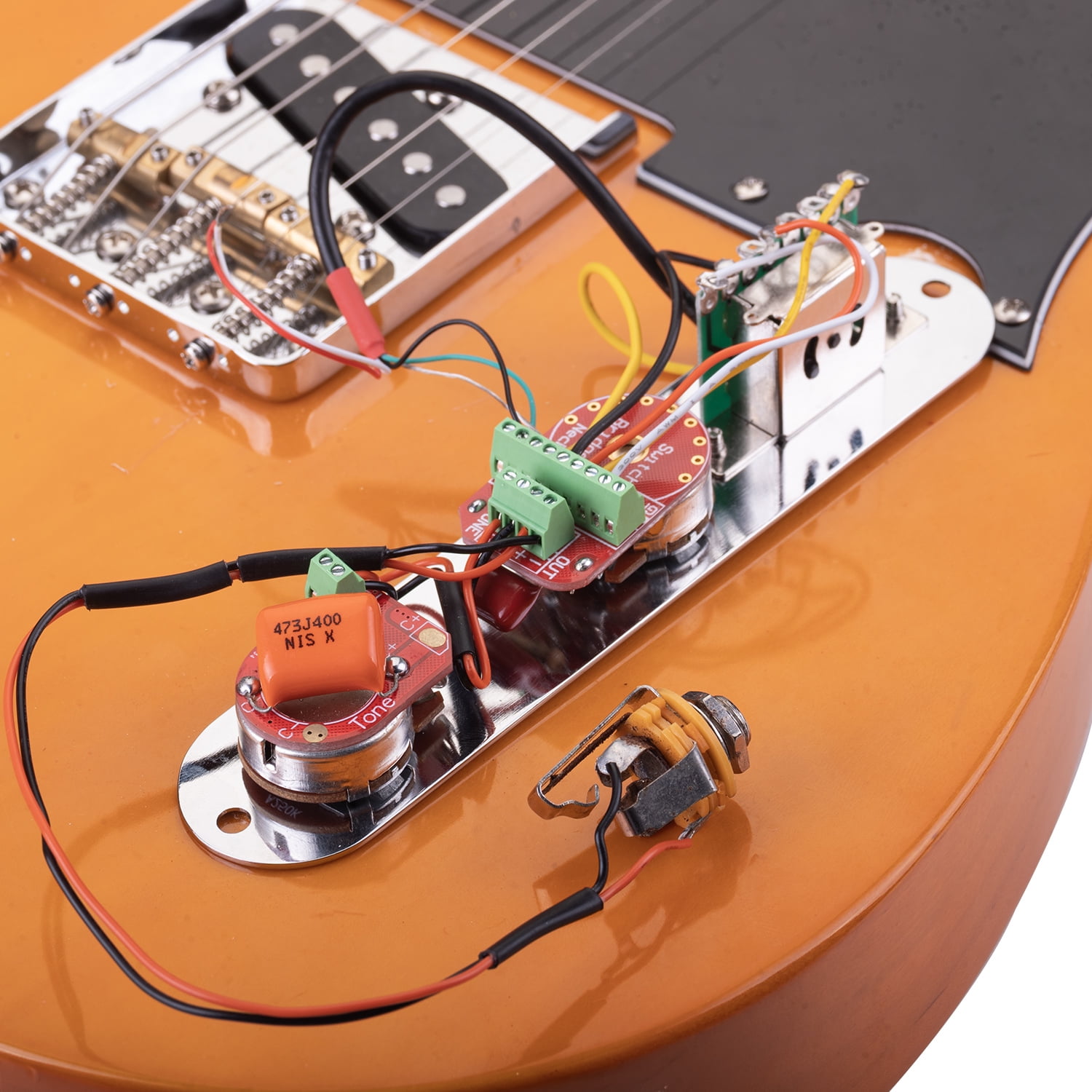 LOOKSEVEN Solderless Pre-Wired Control Plate Kit with 3-Way Switch, Aluminum Shaft Pot (1 Volume 1 Tone) Wiring Harness Easy Plug & Play Upgrade with Treble-Bleed Circuit for Telecaster Guitars