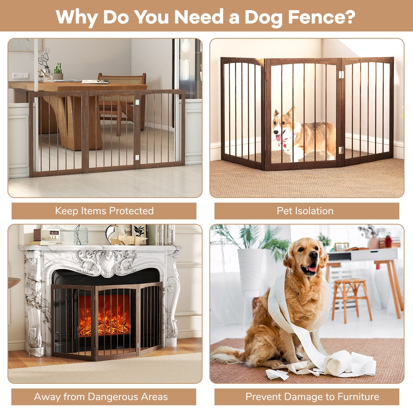 Gymax 30'' Tall Wooden Pet Fence for Indoor House Doorway Hallway Stairs Porch Brown