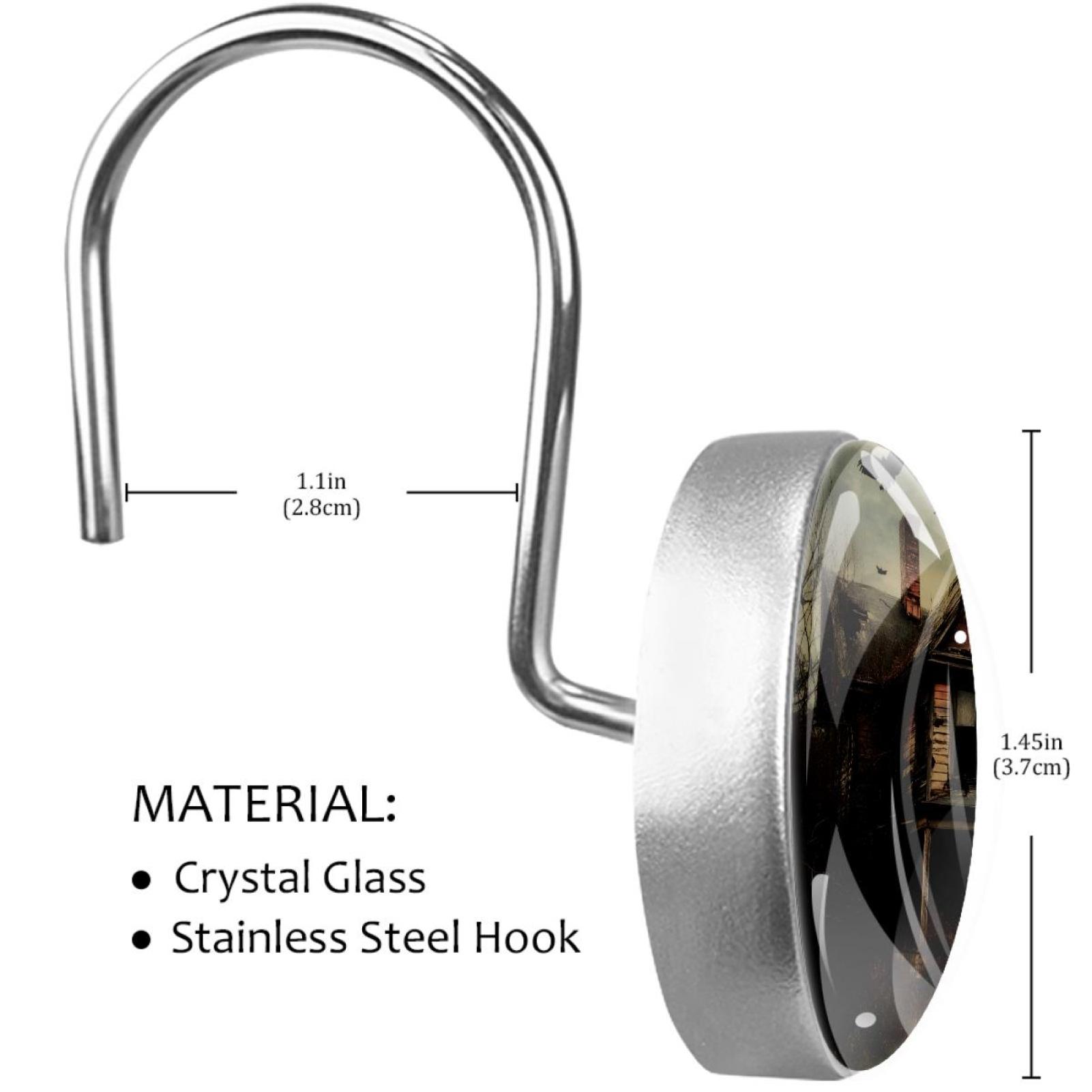 Raven Flying over Abandoned Cabin Shower Curtain Hooks Round Crystal Glass, Set of 12 Shower Curtain Rings - Shower Hooks for Curtain Shower Rings