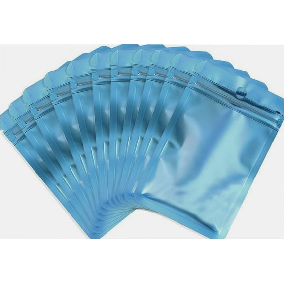 50pcs Resealable Sample Bags, Small Ziplock Mylar Bags with Hanging Hole, Clear Foil Bags for Sample Packaging, Retail, Food and Items Storage (Metallic Blue, 2.75\