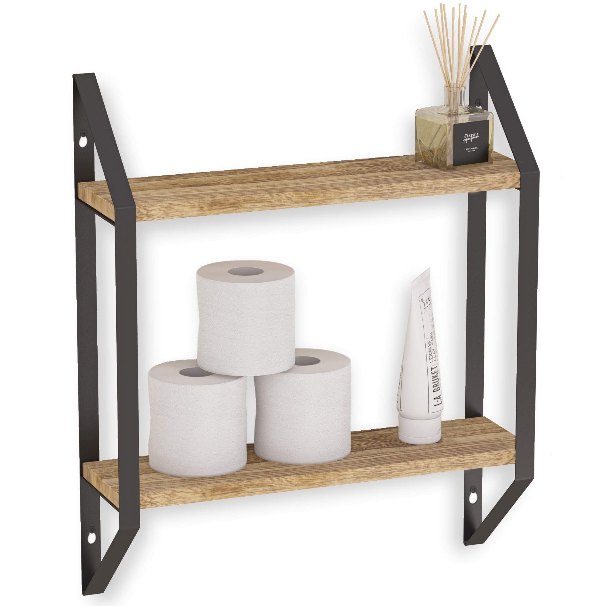 Wallniture Ponza 2 Tier Bathroom Shelf for Wall Shelves with Bracket Laundry Shelf Over the Washer, Natural Burned