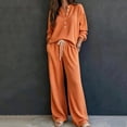 thumbnail image 2 of Women's Waffle Knit 2 Piece Tracksuit Outfit Henley Long Sleeve Top and Drawstring Wide Leg Pants Soft Comfy Loungewear Casual Travel Vacation Streetwear Set Orange, 2 of 5