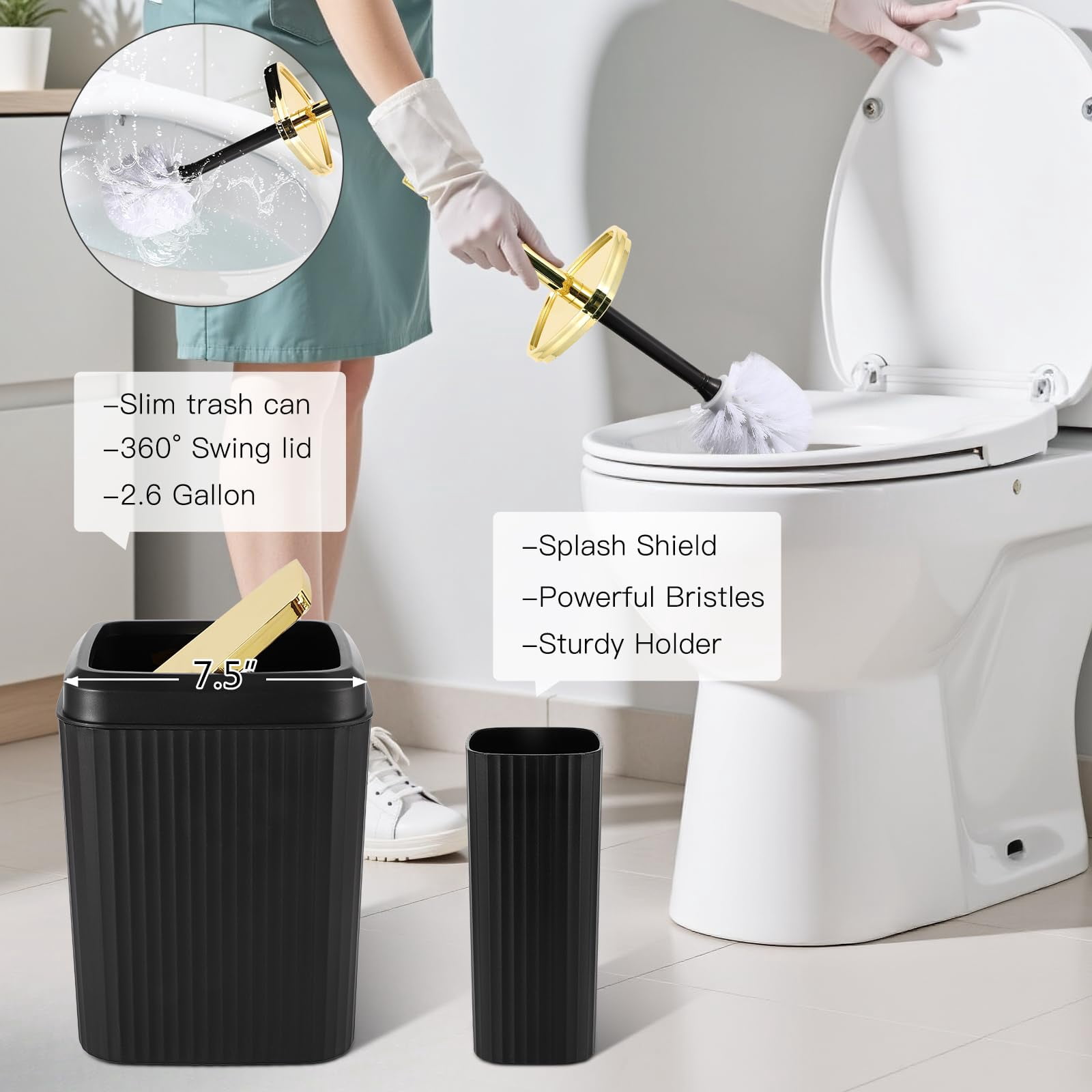 17PCS Bathroom Accessories Bathroom Set Black Bathroom Accessories,Toilet Brush, Trash Can, Qtip Holder Dispenser& 3PCS Soap Dispenser