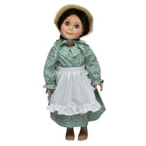 The Queen's Treasures 18 inch Doll Clothes,  Licensed Little House On the Prairie Green Calico Dress with Apron and Straw Bonnet, Compatible for Use with American Girl Dolls