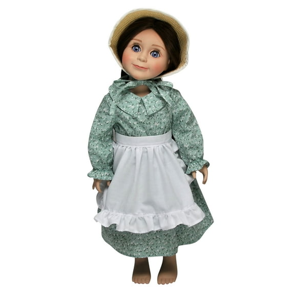 The Queen's Treasures 18 inch Doll Clothes,  Licensed Little House On the Prairie Green Calico Dress with Apron and Straw Bonnet, Compatible for Use with American Girl Dolls
