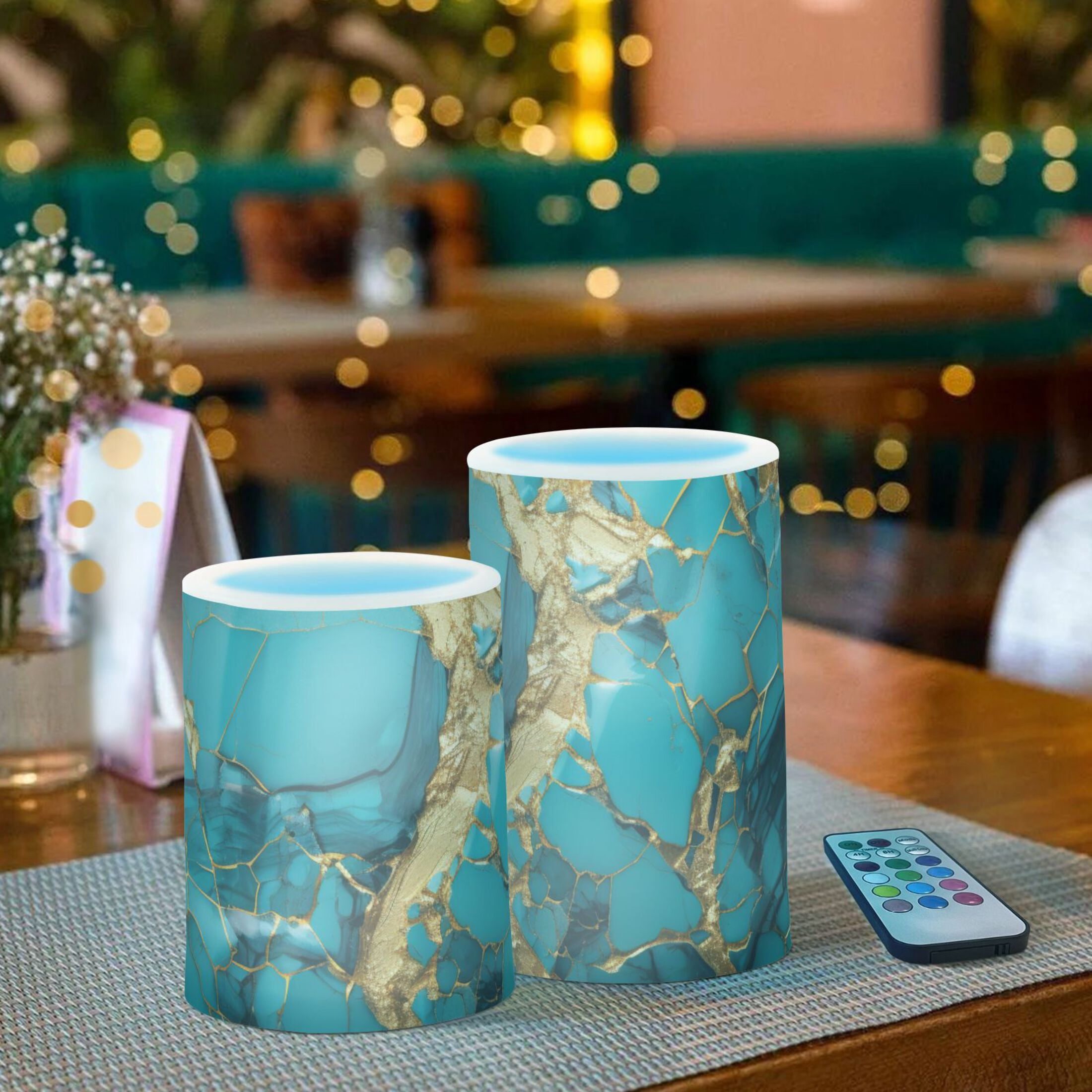 Turquoise and Gold Marble Flameless Candles with Remote Timer LED Battery Operated Flickering Candle Light for Festival Wedding Home Party