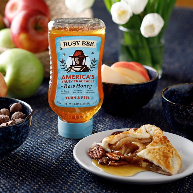 Busy Bee Raw USA Honey, 100% Traceable, 16 oz Squeeze Bottle, Peel