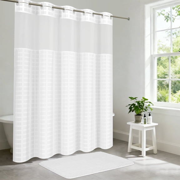 FRAMICS Hookless Fabric Shower Curtain Sets with Rug, Checkered Textured Waterproof No Hook Bathroom Sets with with Mesh Top Window, Hotel Grade, White, 71" x 75"