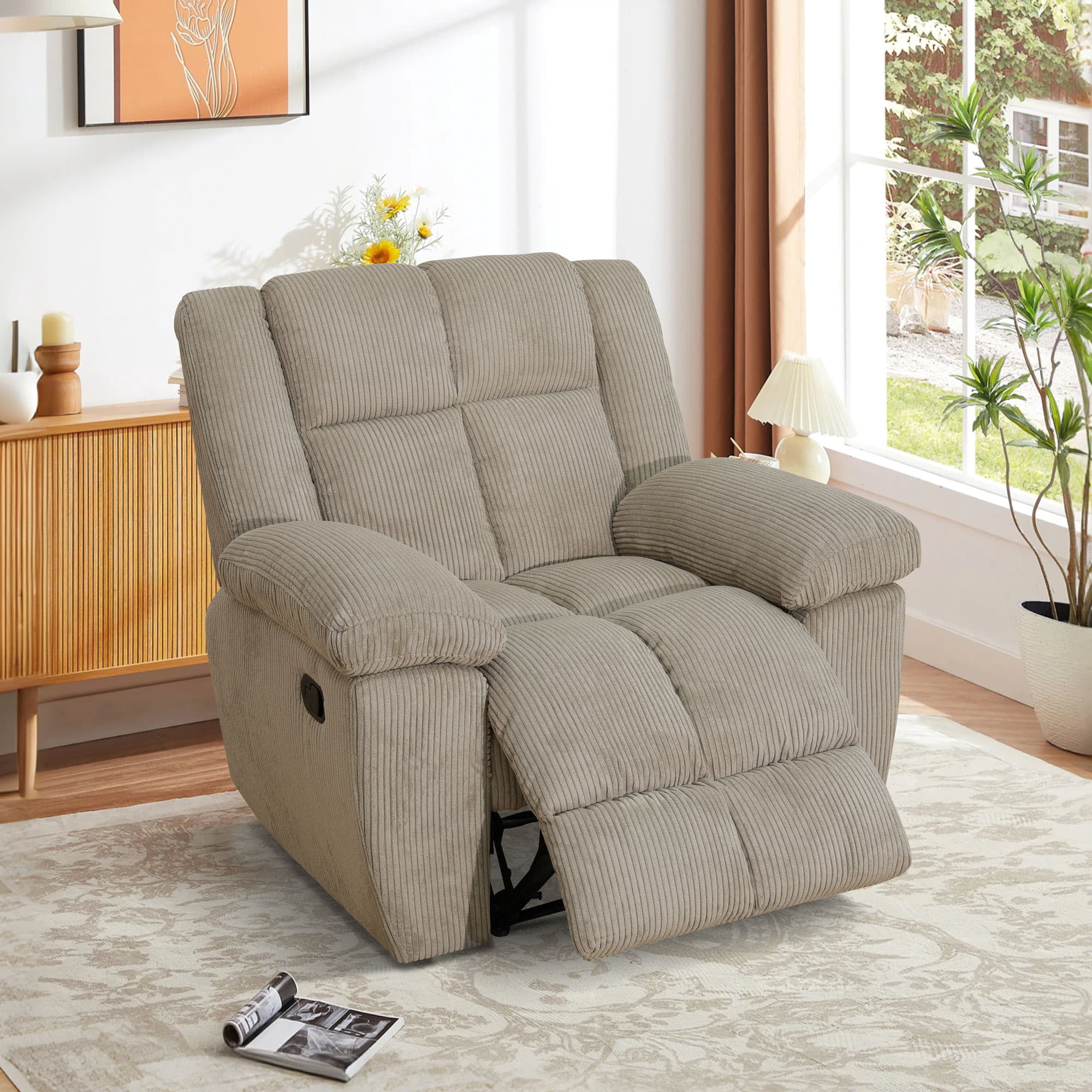 MAYEERTY Recliner Chair, Corduroy Fabric Reclining Chair with Adjustable Backrest for Living Room, Beige
