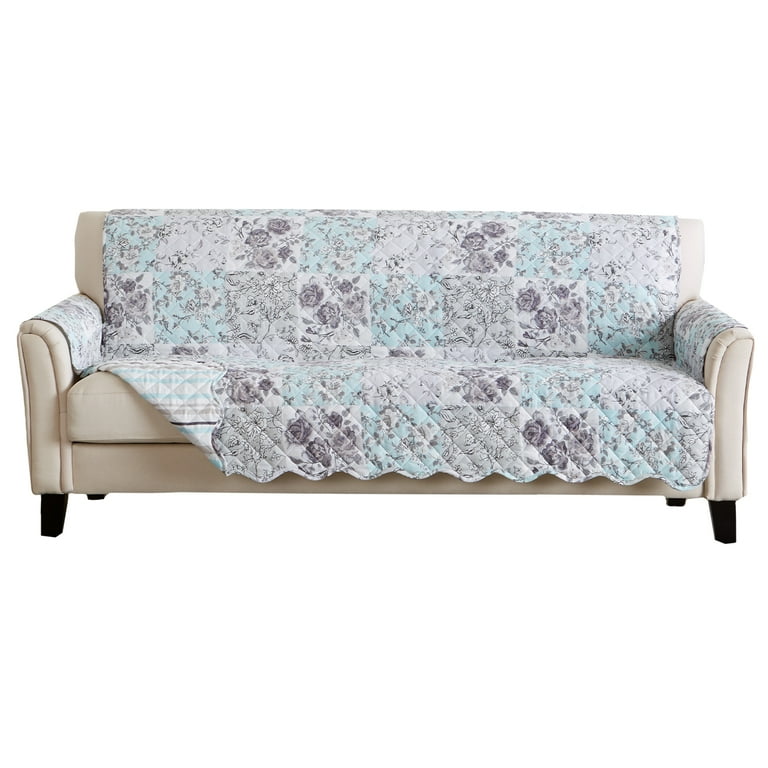 Great Bay Home Floral Patchwork Reversible Furniture Protector (Sofa, Gray / Aqua)