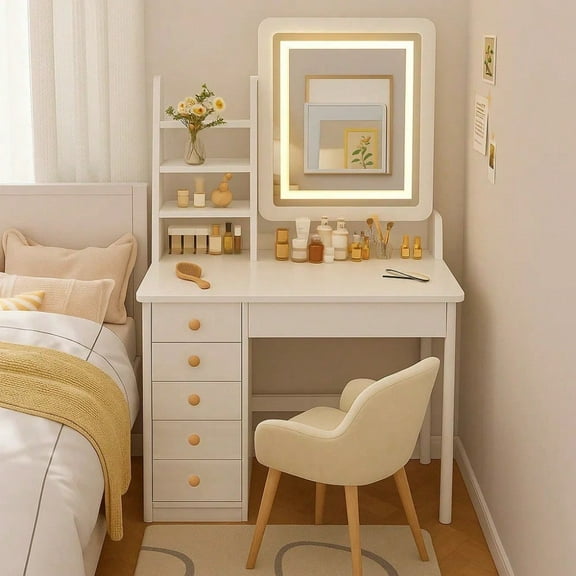 Makeup Vanity Desk with Mirror and Lights, White Vanity Table Set with 4 Drawers & Sliding Mirror & Storage Shelves, 3 Lighting Modes Brightness Adjustable, Vanity Set Dressing,Christmas Gift