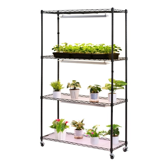 KFFKFF 4-Tier Indoor Plant Shelf with Grow Light, 59in Tall Plant Stand with Wheels, 90W Full Spectrum Grow Lights in 3 Colors, Durable Metal Display Rack for Seed Starting and Flower Pots
