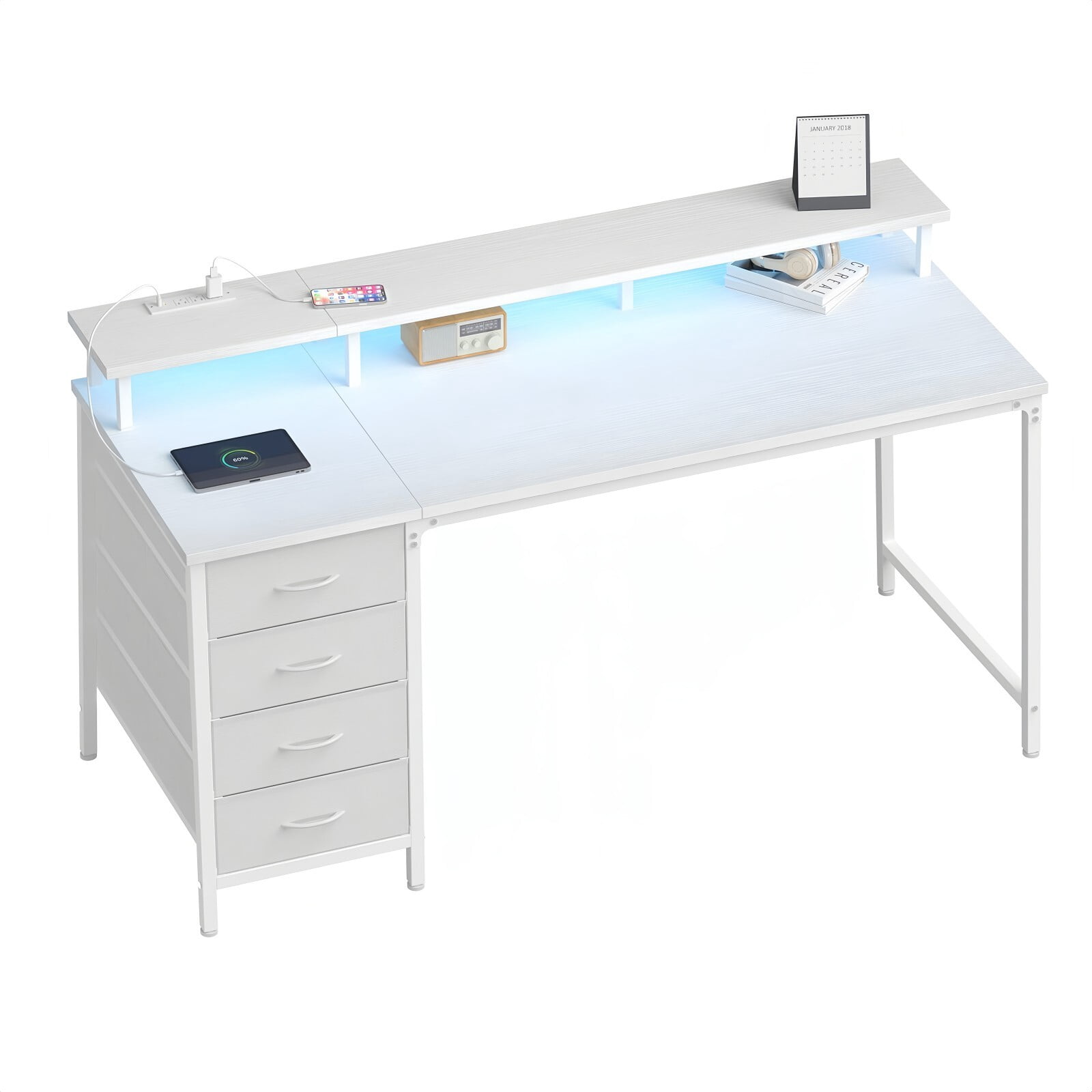 Kelno 40 Inch Computer Desk with 4 Drawers Power Outlets LED Lights Office Desk with Monitor Stand, White