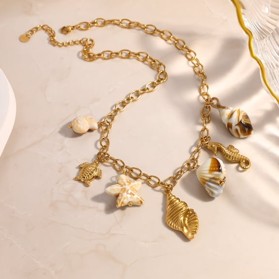 NICKSUN 18K Gold-Plated Stainless Steel Nautical Charm Necklace - Shell, Starfish & Seahorse Lockbone Jewelry for Beach Lovers
