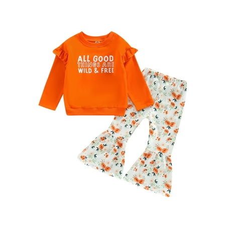 

Sunisery 2Pcs Toddler Baby Girls Autumn Clothes Long Sleeve Ruffled Pullover + Floral Geometric Print Flare Trousers Orange 18-24 Months