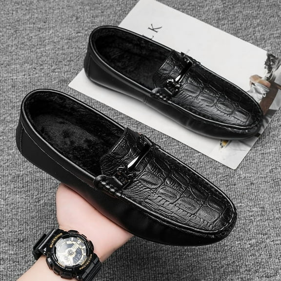 Winter Men's Casual Loafers Slip On Outdoor Fuzzy Furry Loafers Leather Warm Comfortable Shoes Male Driving Shoes Moccasins Classic Penny Loafer Flats Boat Shoes