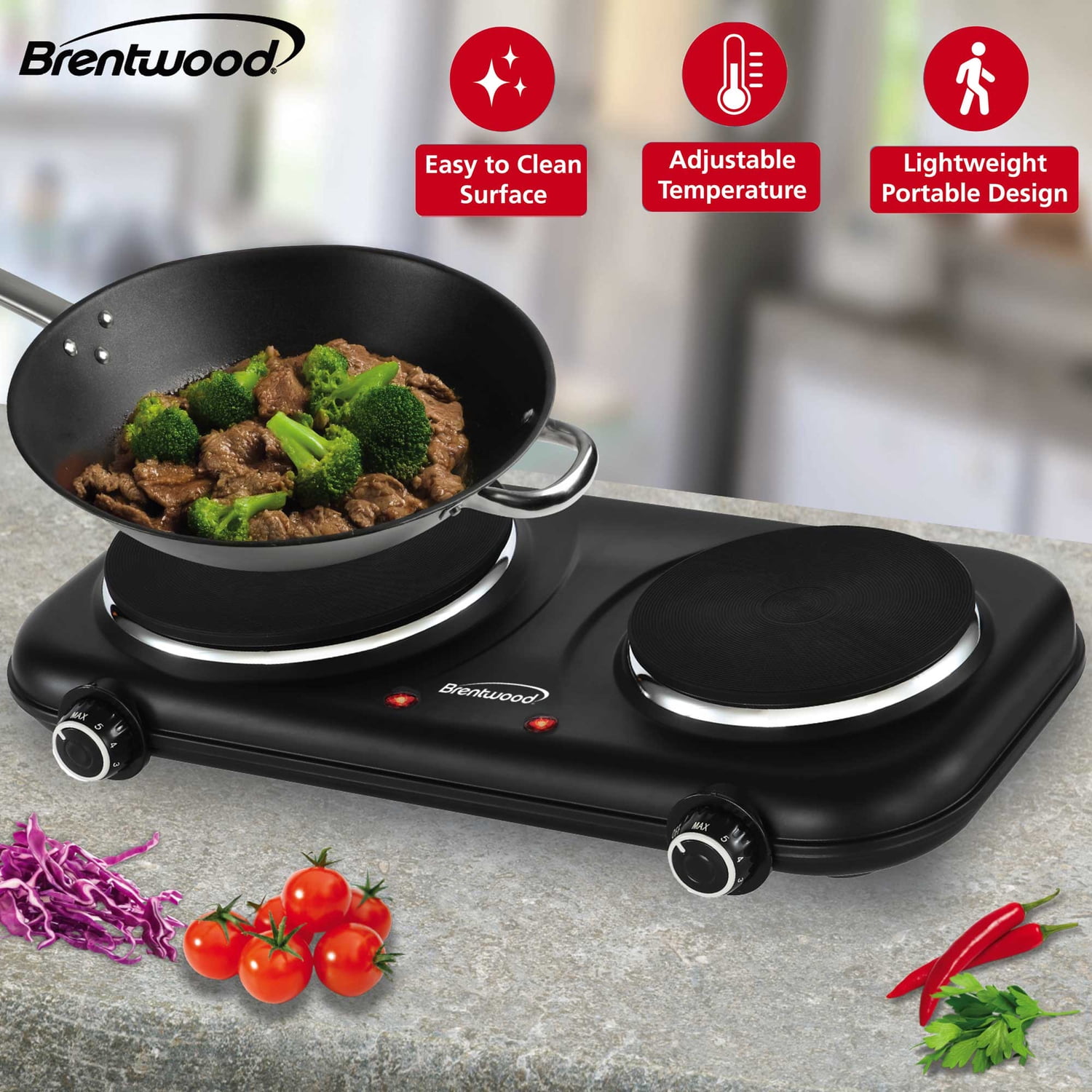 Brentwood Double-Cast-Iron 1,100-Watt Countertop Electric Burner Hot Plate with Temperature Control and Power Indicator Light, Black, TS-332BK
