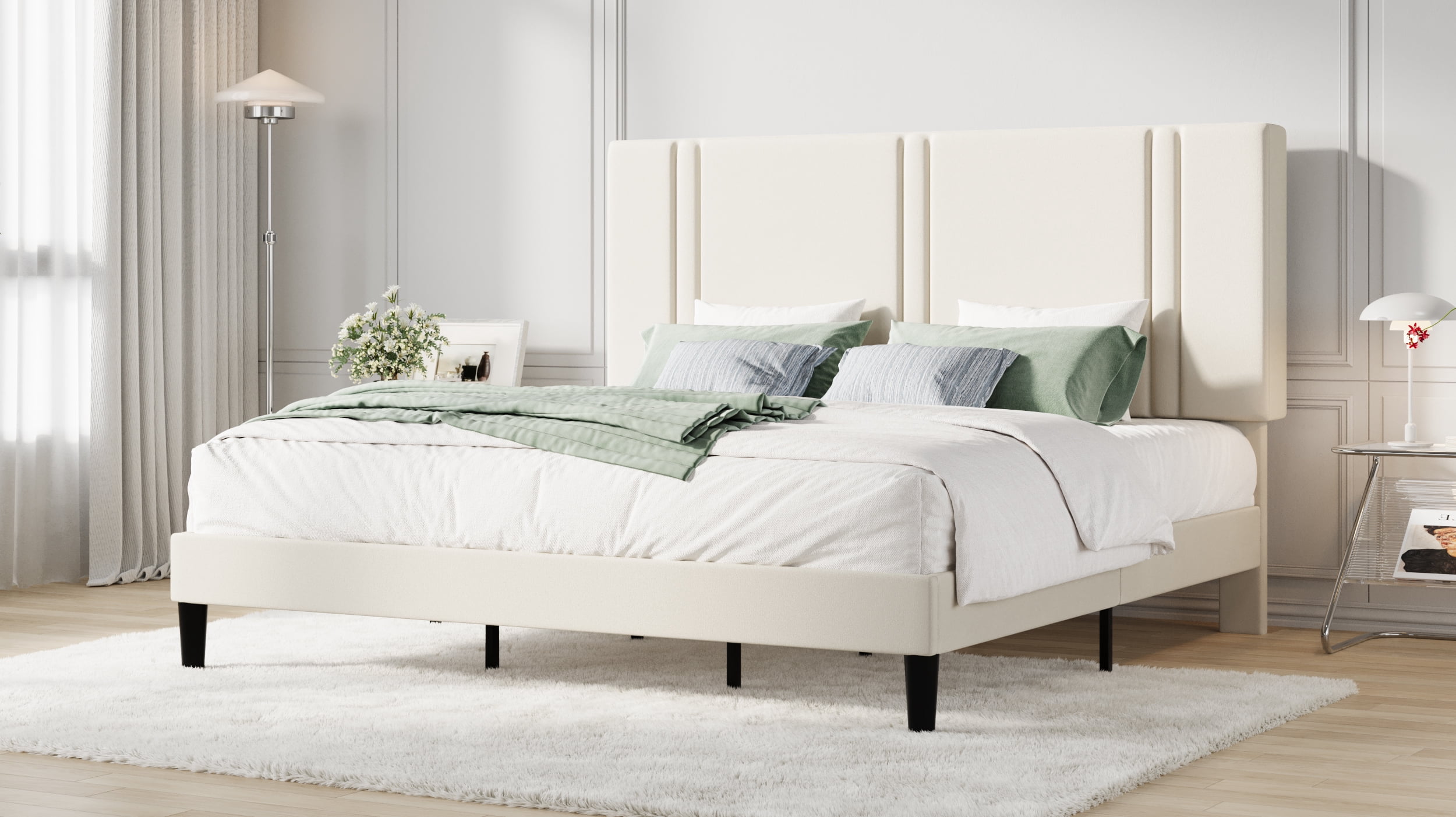 Amolife King Bed Frame, Platform Bed with Upholstered Velvet Adjustable Headboard, Wooden Slats, Easy Assembly, Cream