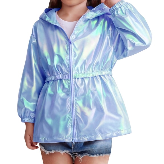 UACY Kids Metallic Rain Jacket Toddler Boys Girls Waterproof Lightweight Zip Up Raincoat Windproof Cycling Hooded Jackets (Blue, 1-2 Years)