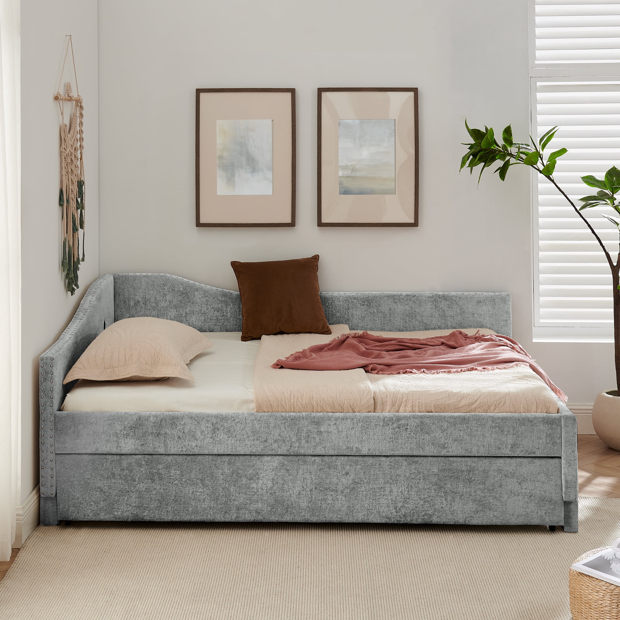 Full Size Daybed,Chenille Upholstered Daybed with Pull-Out Trundle & Built-In USB Charging Port,2-in-1 Space Saving Sofa Bed for Guest Room,Small Space,Grey