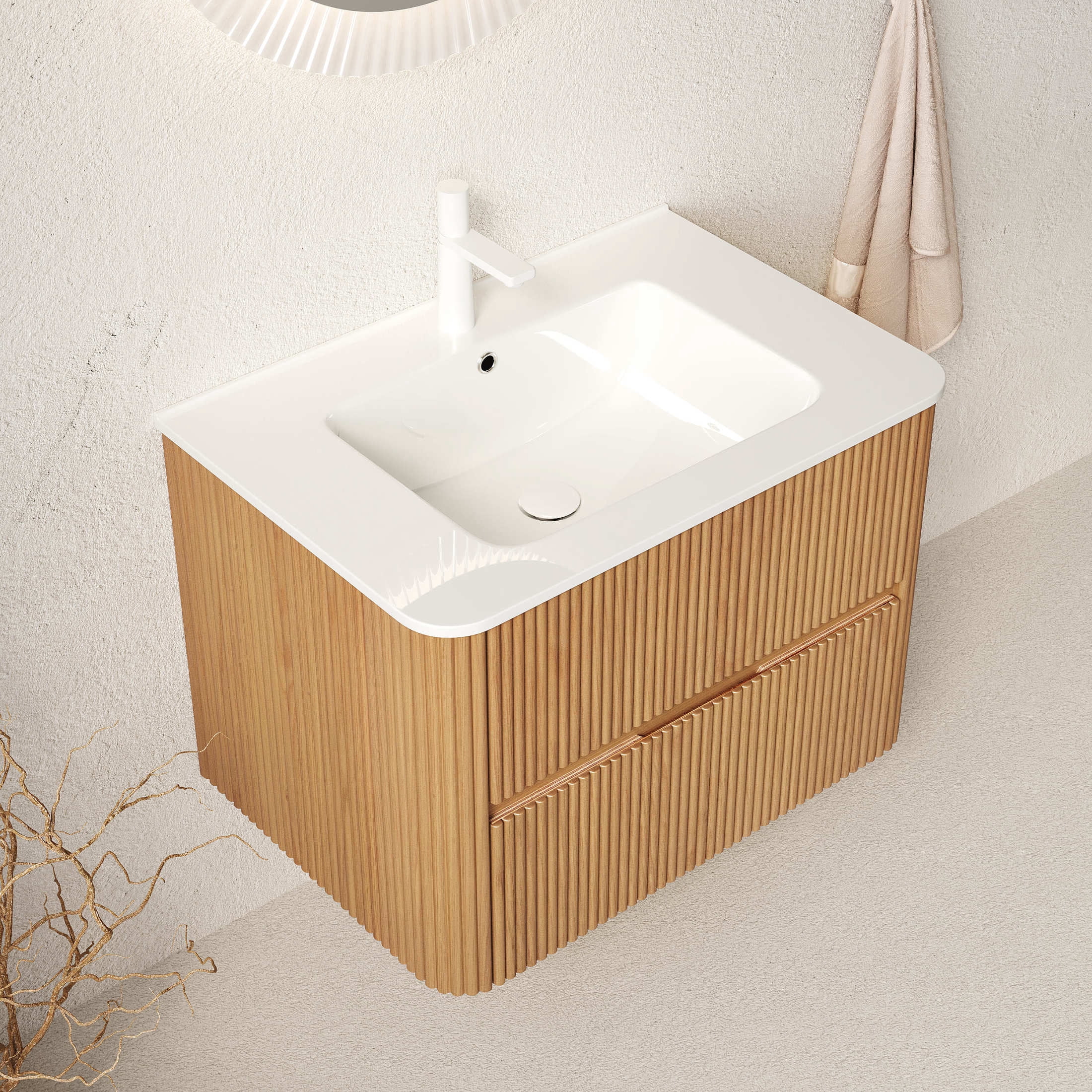 Noble House Noor 30" Floating Bathroom Vanity with Seamless Ceramic Basin, Retro Soft-Close Drawers, Oak