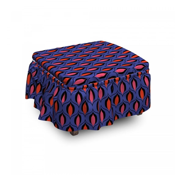 Retro Ottoman Cover, Art Deco Inspired Streaks, 2 Piece Slipcover Set with Ruffle Skirt for Square Round Cube Footstool Decorative Home Accent, Standard Size, Violet Blue Vermilion, by Ambesonne