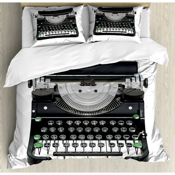 Typewriter Duvet Cover Set, Digitally Generated Illustration of Antique Device, Decorative 3 Piece Bedding Set with 2 Pillow Shams, Calking Size, Grey Fern Green, by Ambesonne