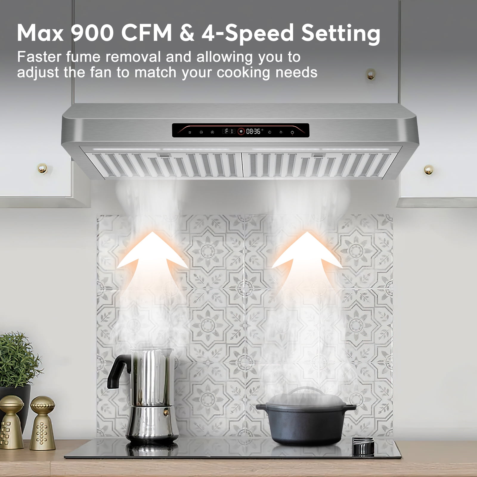 Tylza 30 inch 900 CFM Ducted Under Cabinet Range Hood,4 Speed Gesture Sensing&Touch Control Panel
