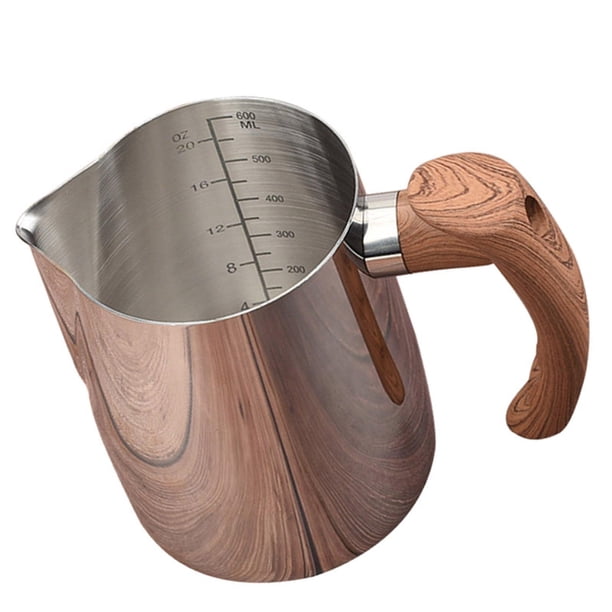 Taza para espumar leche Mango de madera Jarra de leche de acero inoxidable Taza Espumador Taza de café Jarra para espumar leche Coffeware para Holiday 600ML Sunnimix Tazas para espumar leche