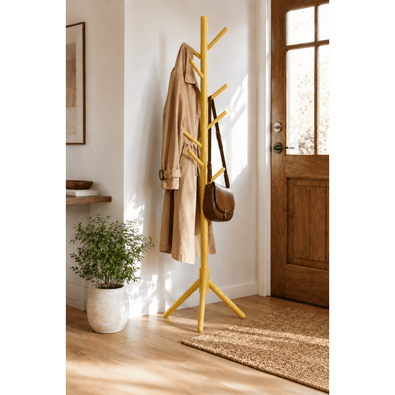 Wooden Coat Rack Stand, Freestanding Coat Tree with 8 Hooks and Stable 3-Leg Base, Space-Saving Hat and Clothes Rack for Entryway, Bedroom, Living Room and Office, Natural Wood