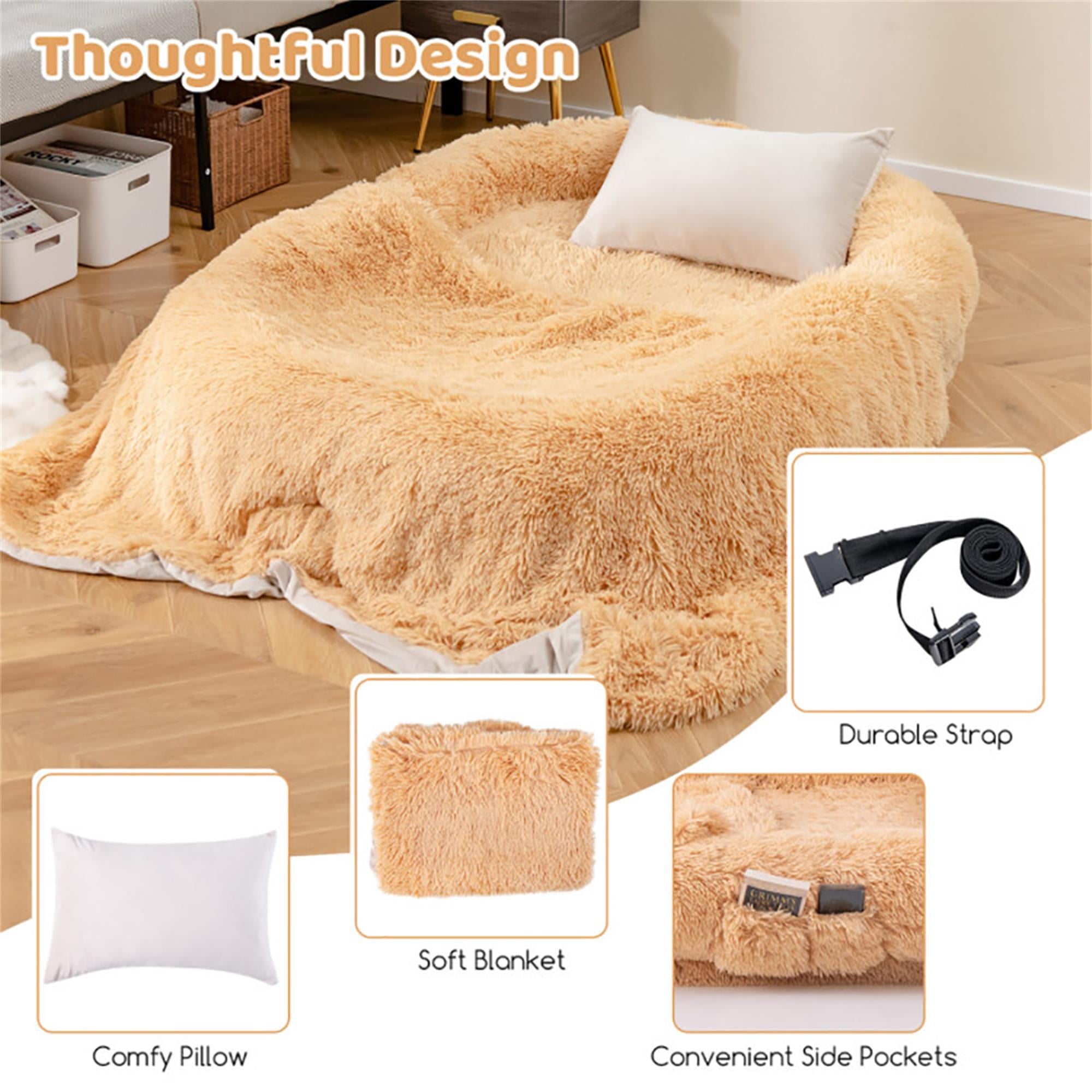 Kadyn 68" Dog Bed Sofa for Large Dogs with Soft Blanket and Plump Pillow, Stylish Washable Fluffy Pet Couch Furniture, Beige