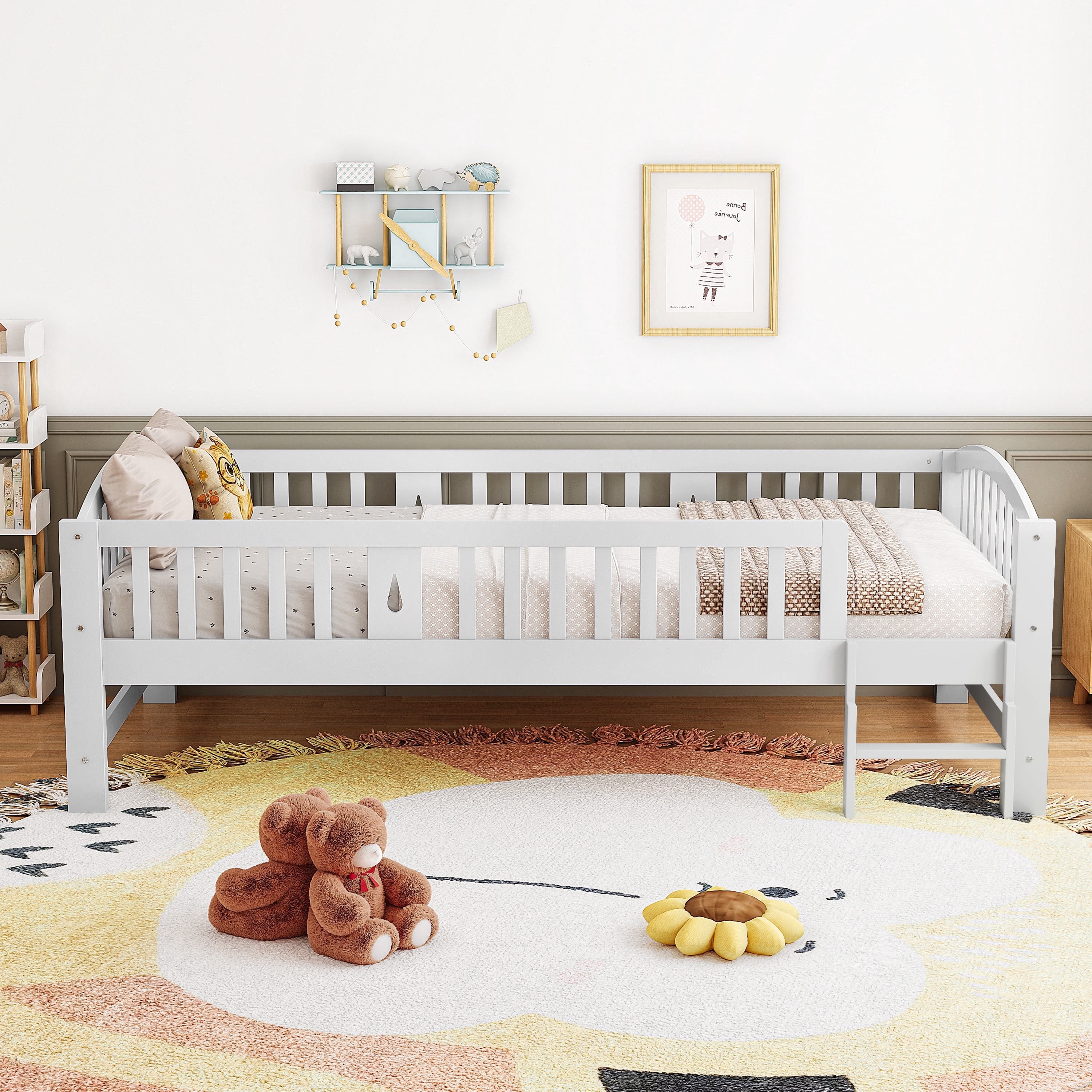 PORKISS Twin Size Platform Bed, Solid Wood Toddler Bed with Fence Guardrail Ladder, Twin Size Bed Frame for Kids Boys Girls, Montessori Bed, No Box Spring Needed, White #2