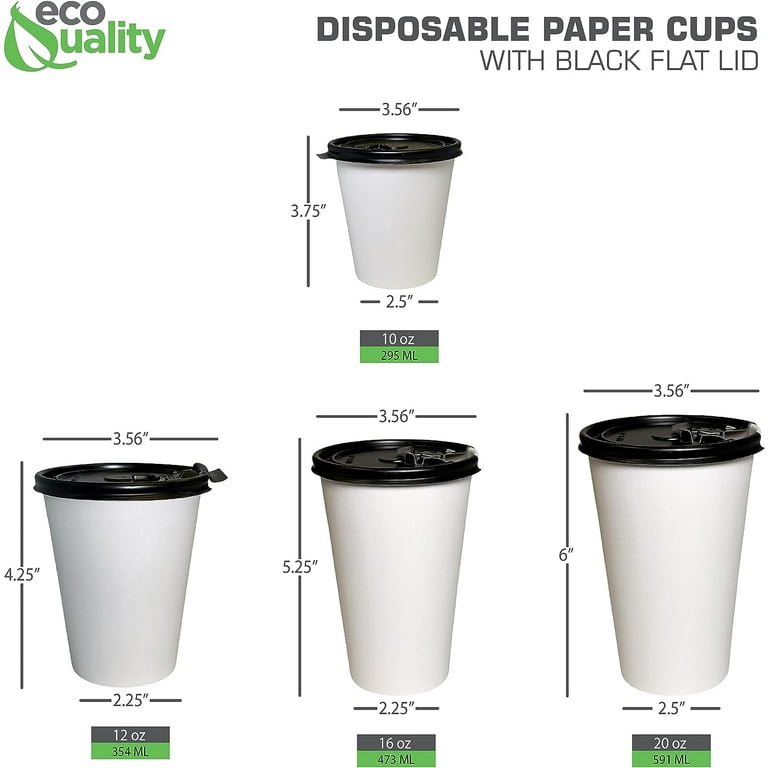 10 oz Disposable White Paper Coffee Cups with Black Flat Lids, Recyclable Hot/Cold Beverage Paper Drinking Cups with Lids for Tea, Water, Coffee,