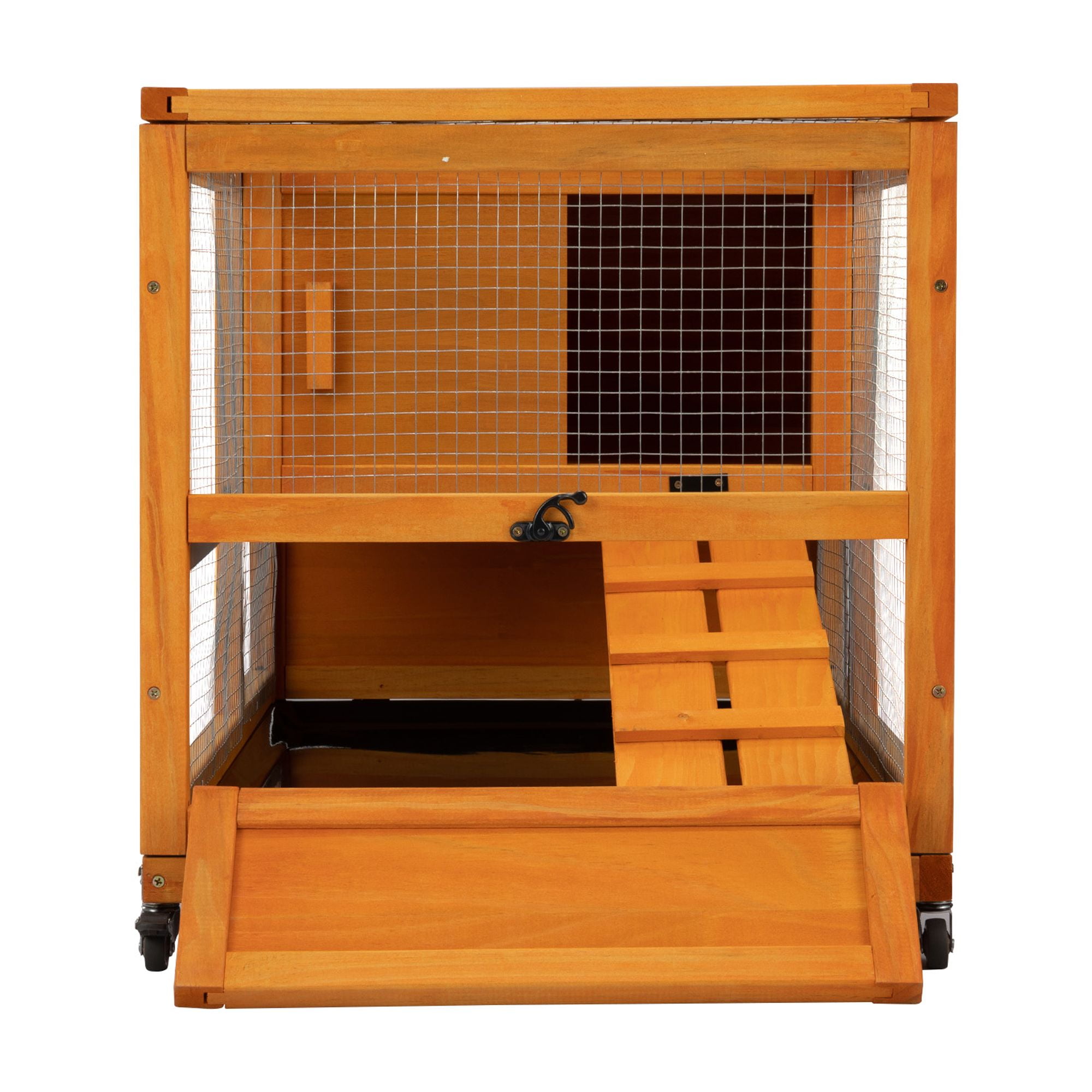 resenkos 35" Outdoor Rabbit Hutch with Wheels, Wood Bunny House with Ramp, Tray, Doors, Openable Top Small Animal Pet Cage, Orange