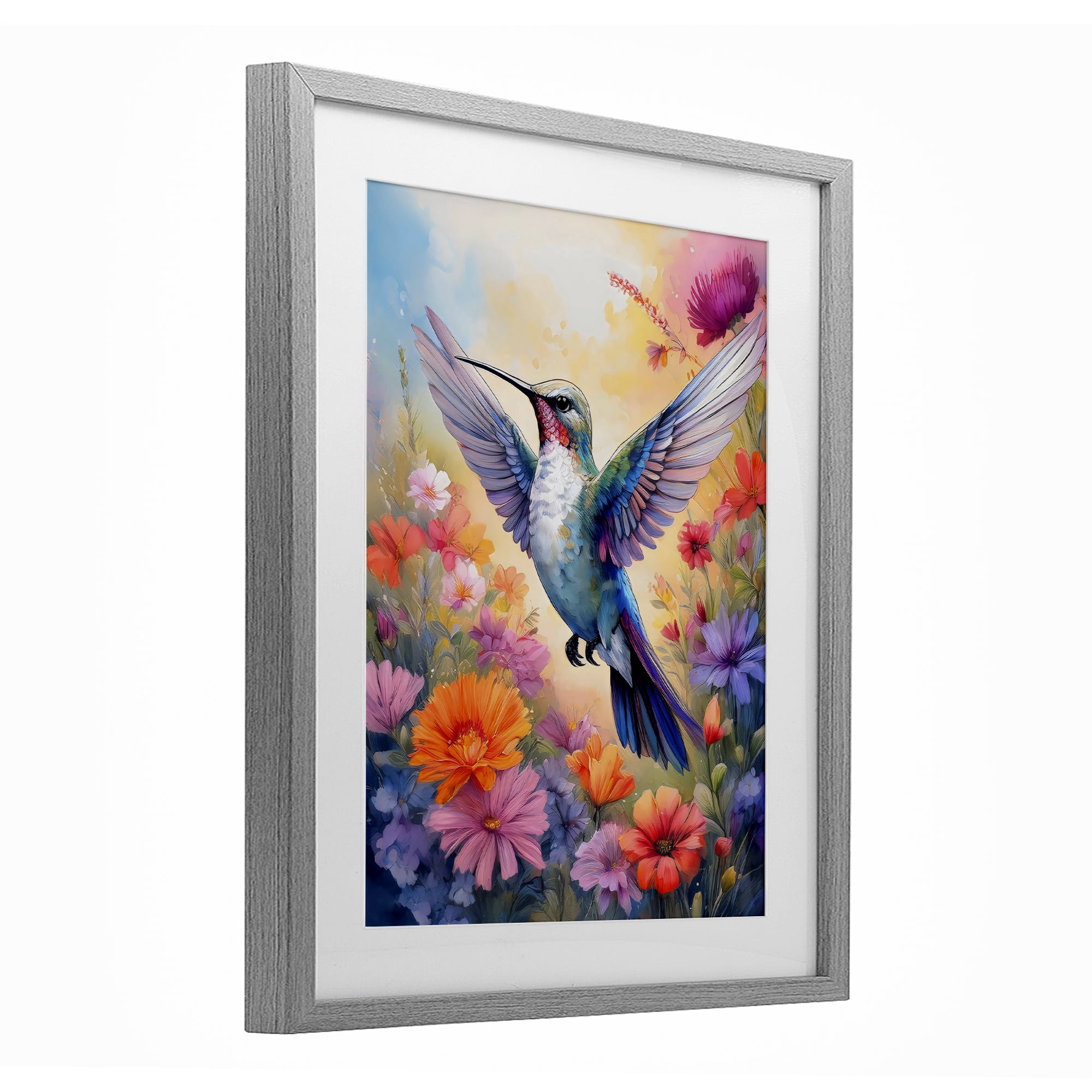 Stupell Industries Colorful Hummingbird in Bloom Gray Framed Print Under Glass, design by Creative Studio