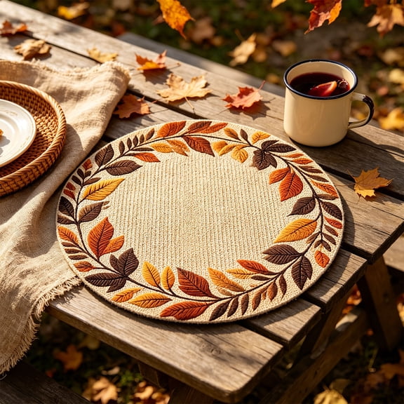 ChicYu 10 Pcs Fall Leaf Wreath Placemats, 37cm Round Linen Table Mats, Autumn Harvest Seasonal Decor, Kitchen Dining Table Setting, Manteles Individuales de Otoño