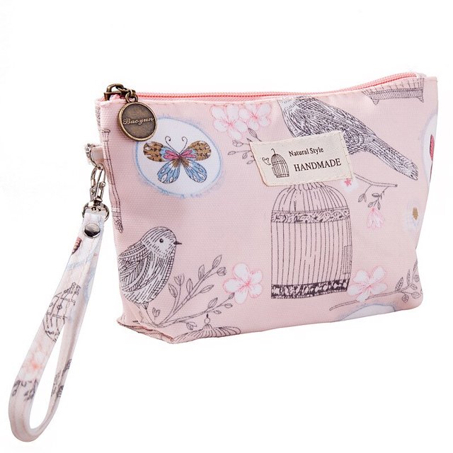 FUDEAM-Bolsa de cosméticos de poliéster con patrón de pájaro y flor rosa para mujer, bolsa de almacenamiento de artículos de tocador, bolsa de maquillaje impermeable, bolsa de lavado portátil Fivean unisex