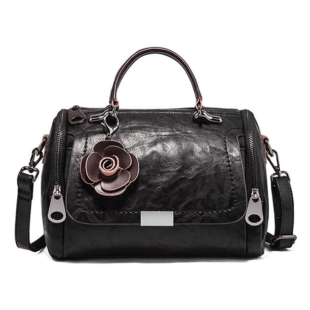 Black Bolso de mano con flores a la moda para mujer, bolso bandolera de cuero, asa superior para mujer
