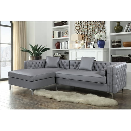 Chic Home Monet PU Leather Modern Contemporary Button Tufted with Silver Nail head Trim Silver tone Metal Y-leg Left Facing Sectional Sofa, Grey