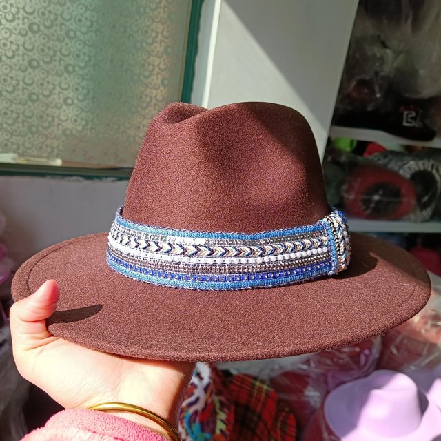 Sombrero fedora clásico con cinta para mujer, gorro de ala grande de lana plana para hombre y mujer, sombrero de jazz Panamá, Otoño e Invierno