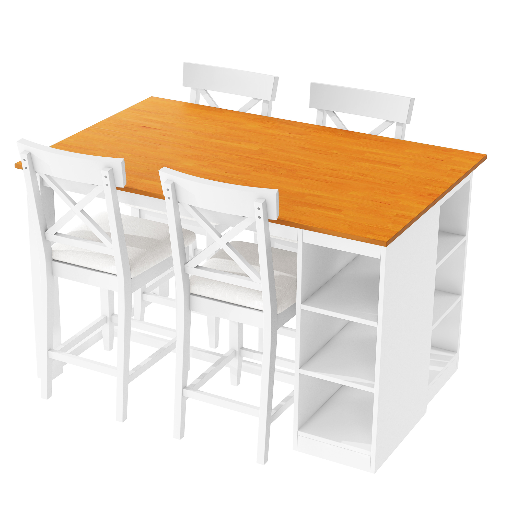 Euroco 5 Piece Counter Height Dining Table Set, Solid Wood Farmhouse Kitchen Table Set with Open Storage Shelves for 4,Peferct for Small Place,White