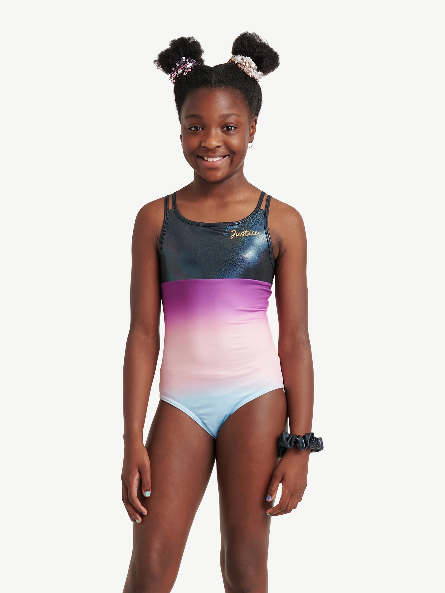 Justice Girls Ombre Macrame Back Dance and Gymnastics Leotard with Scrunchie, Sizes XS-XL